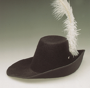 Cavalier Hat 22 Black Polyester Base with Green Trim, Feathers, and B