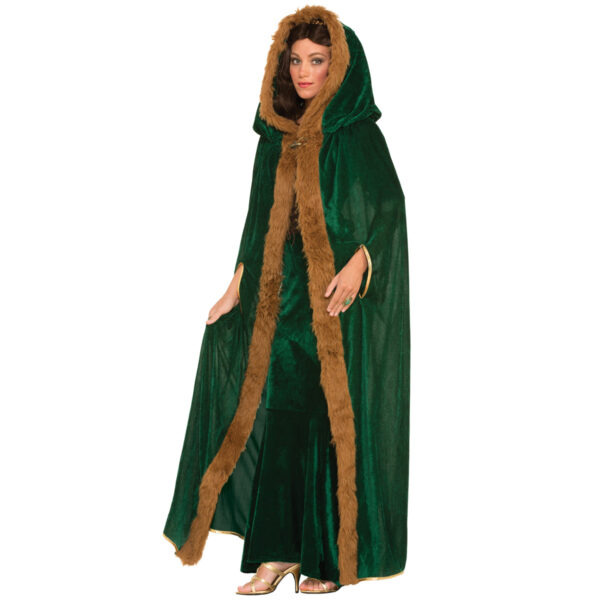 Faux Fur Trimmed Green Velvet Hooded Cape