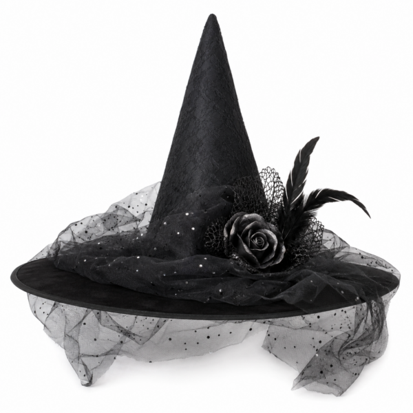 Satin Witch Hat w/ Distressed Rose